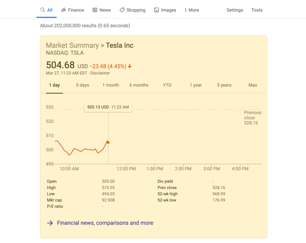 Stock Box search result on a desktop device