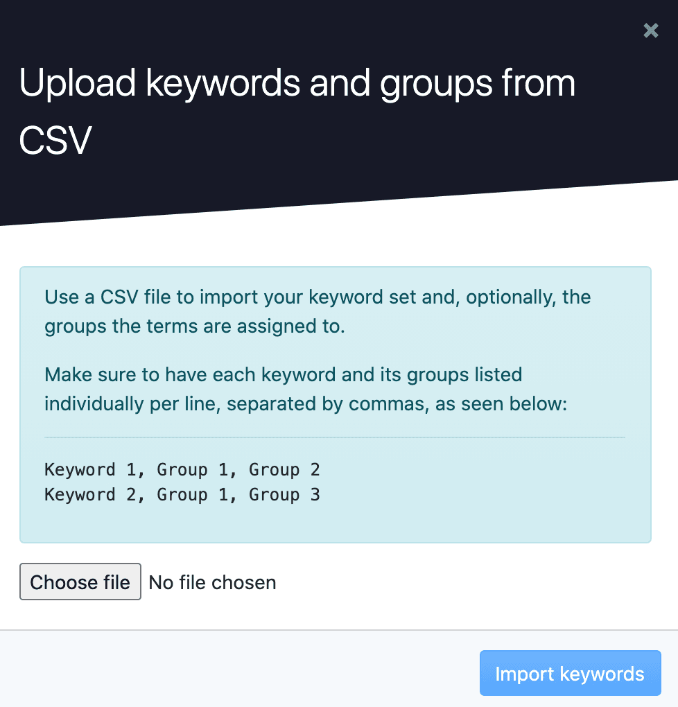 advanced web ranking, upload keywords from csv wizard.