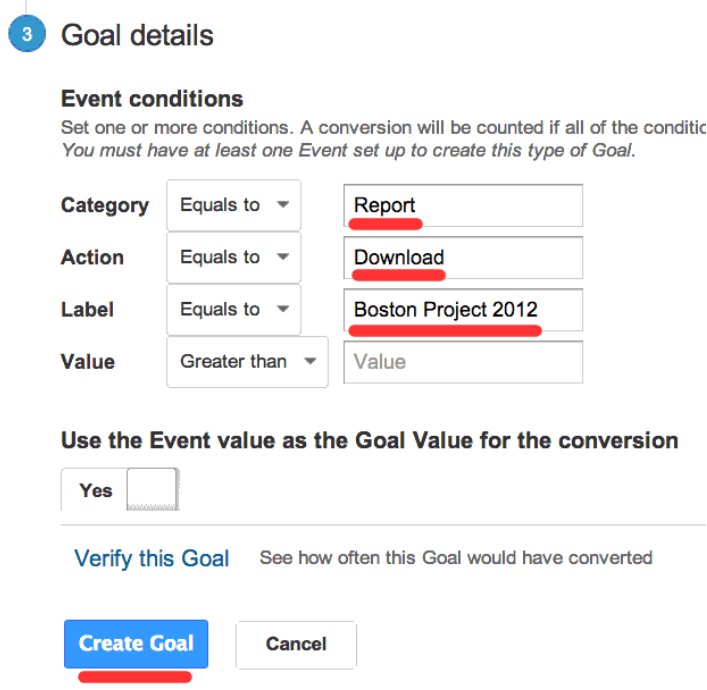 Screenshot highlighting how to set up a Goal in Google Analytics.