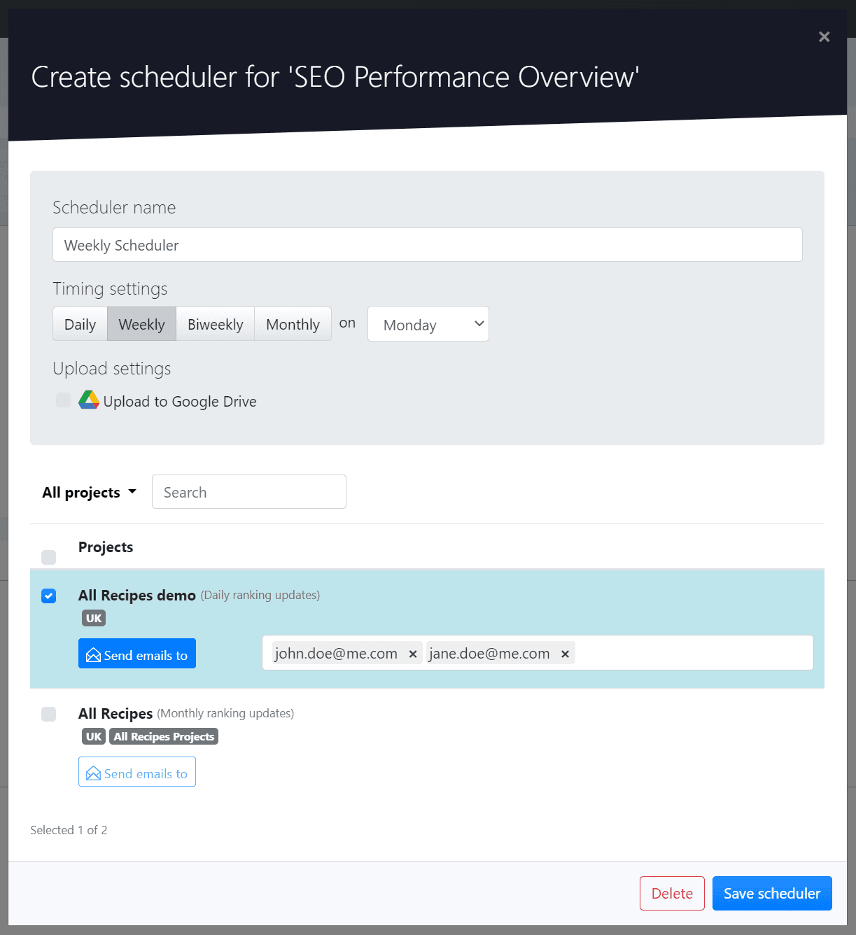 Advanced Web Ranking, create scheduler wizard