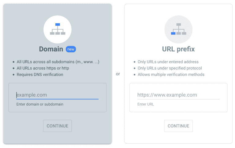 Screenshot showing options available in Google Search Console for property collecting data.