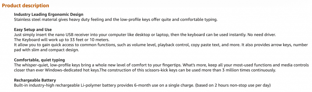 Amazon.com screen capture showing the product description