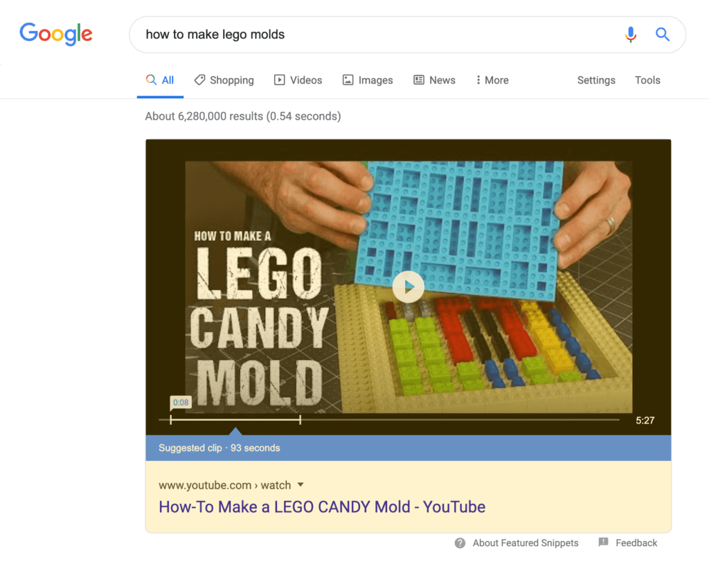 Video Featured Snippet search result on a desktop device