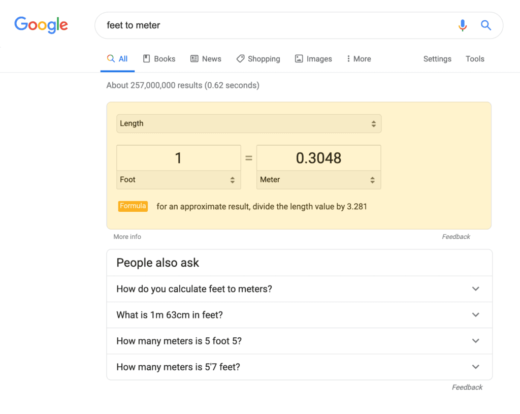 Unit Converter search result on a desktop device