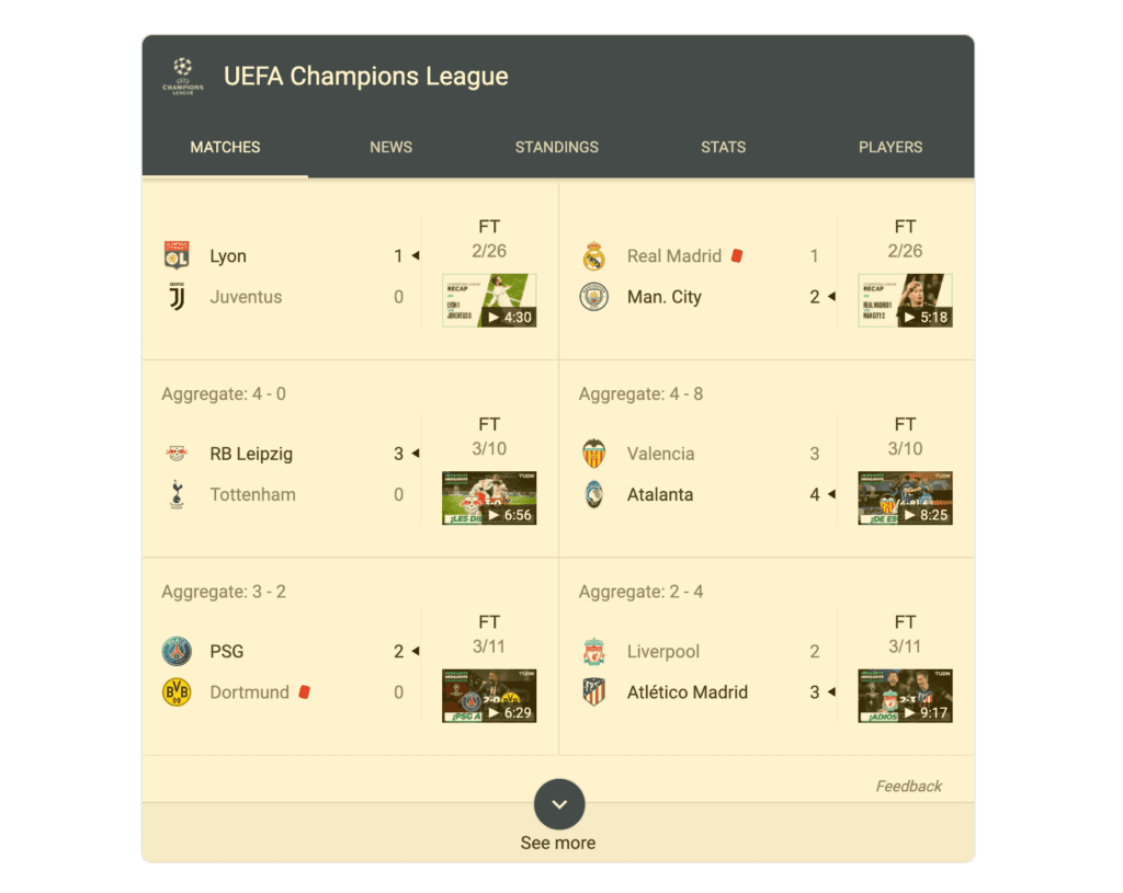 Sports Box search result on a desktop device