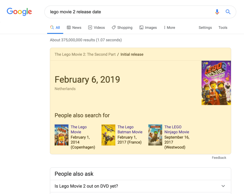 WhenIs Box search result on a desktop device
