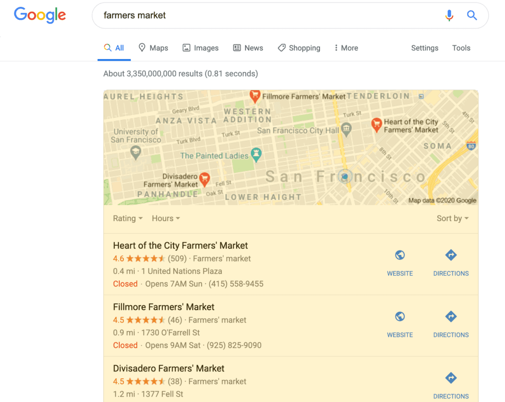 Local pack search result on a desktop device