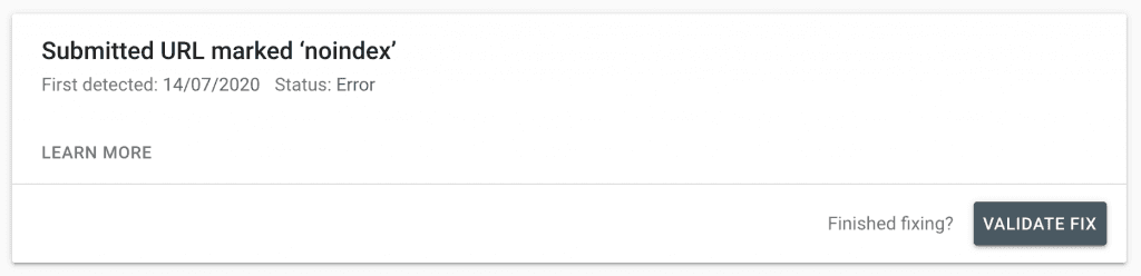 Screenshot showing how to validate URL fixes in Google Search Console.