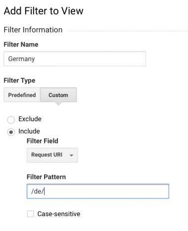 Screenshot with how to configure filters in Google Analytics, based upon Request URI.