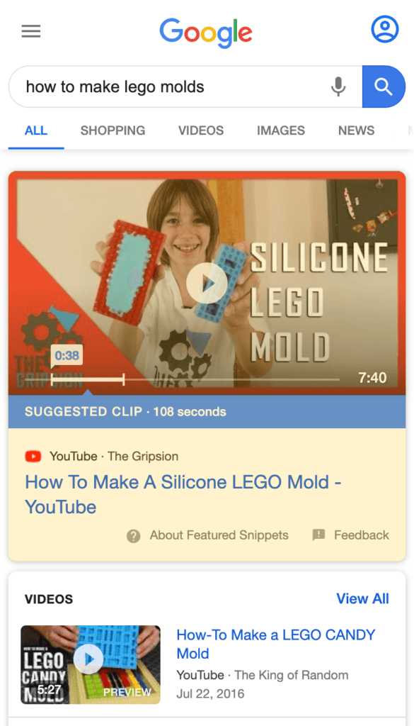 Video Featured Snippet search result on a mobile device