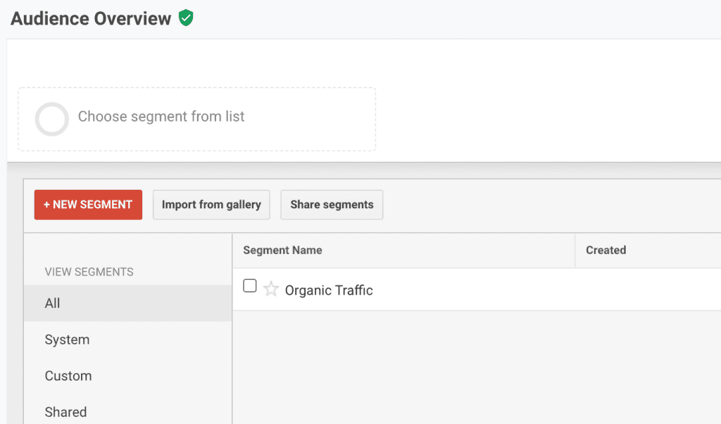 Screenshot from Google Analytcs with the segments available.