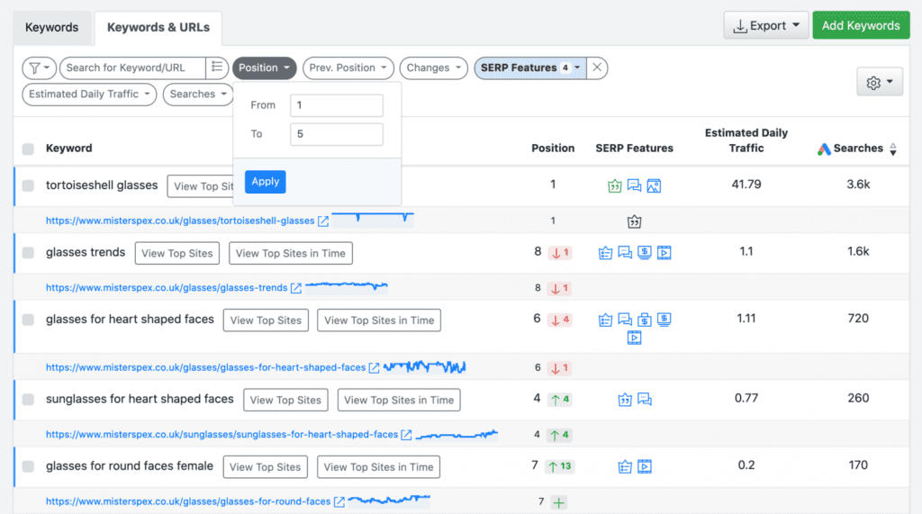 Advanced Web Ranking Positions filter