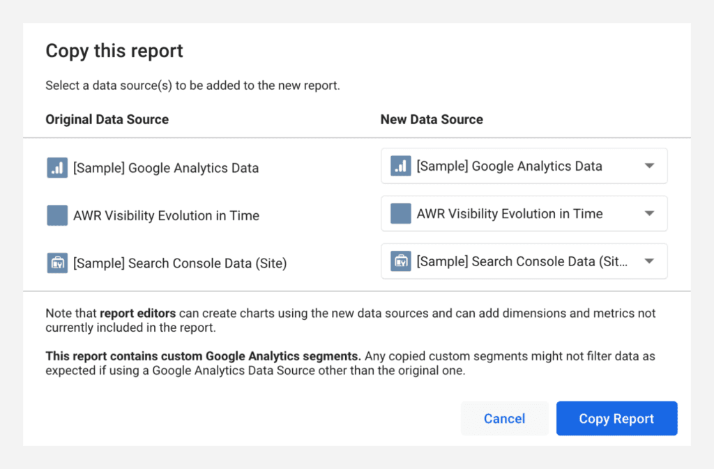 Copy report options