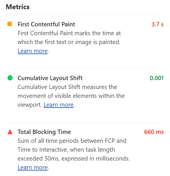 Close-up screenshot from the AWR Page Experience report, showcasing color coding for performance metrics.