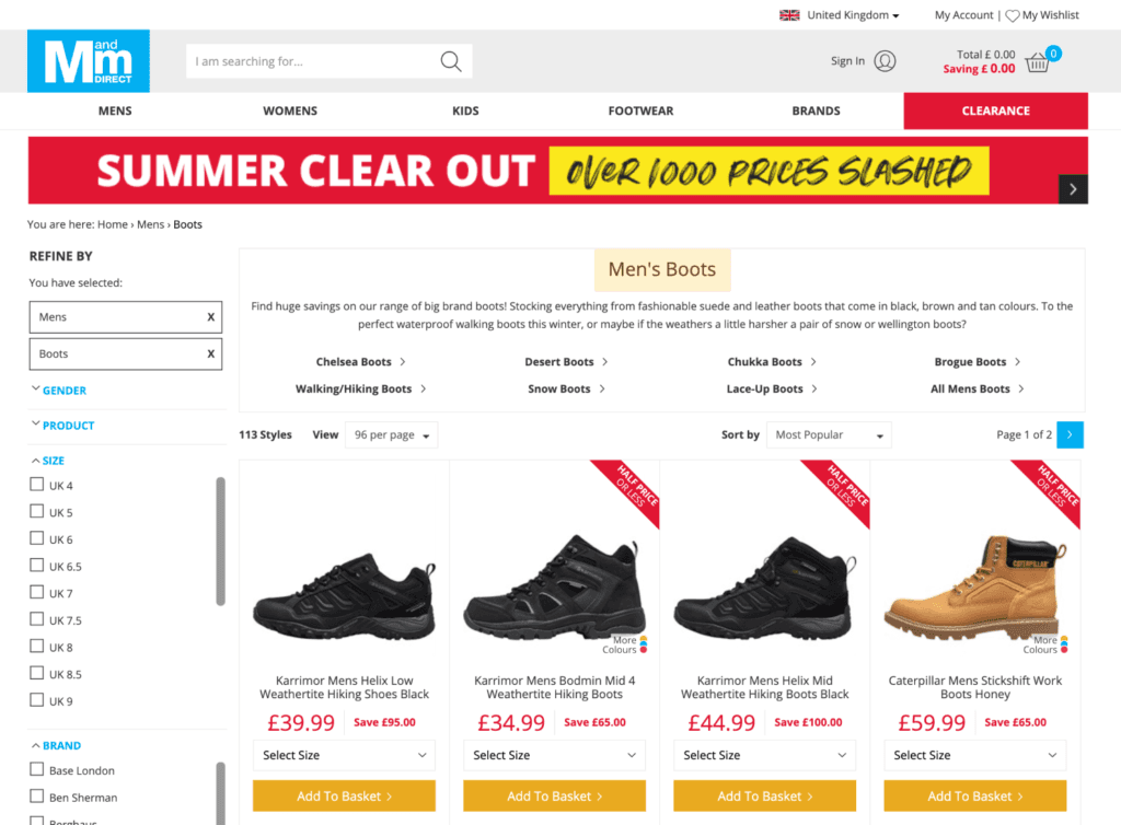 MandM Direct product category page with the H1 highlighted.