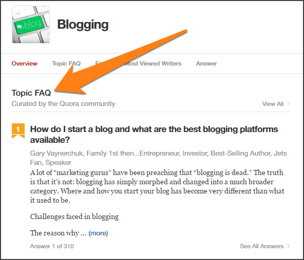 Screenshot highlighting the Topic FAQs on Quora.