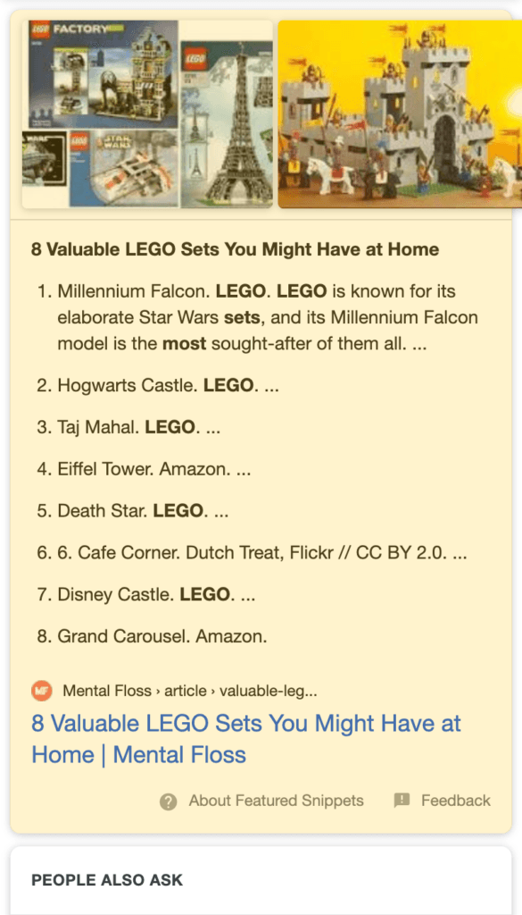 Numbered Featured Snippet search result on a mobile device