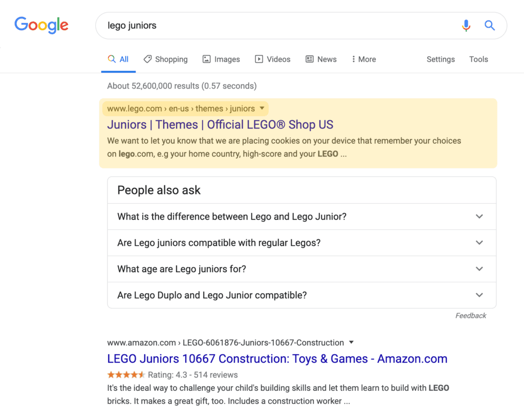 Organic search result with Breadcrumb on a desktop device
