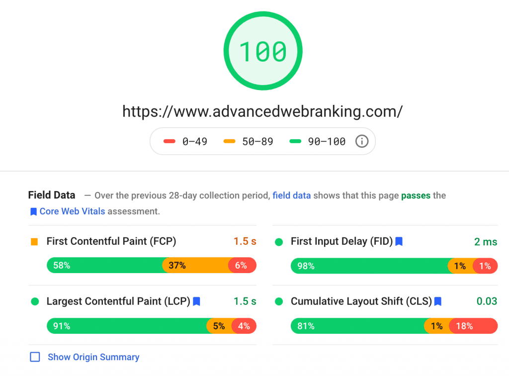 Screenshot from Page Speed Insights showing the Core Web Vitals score.