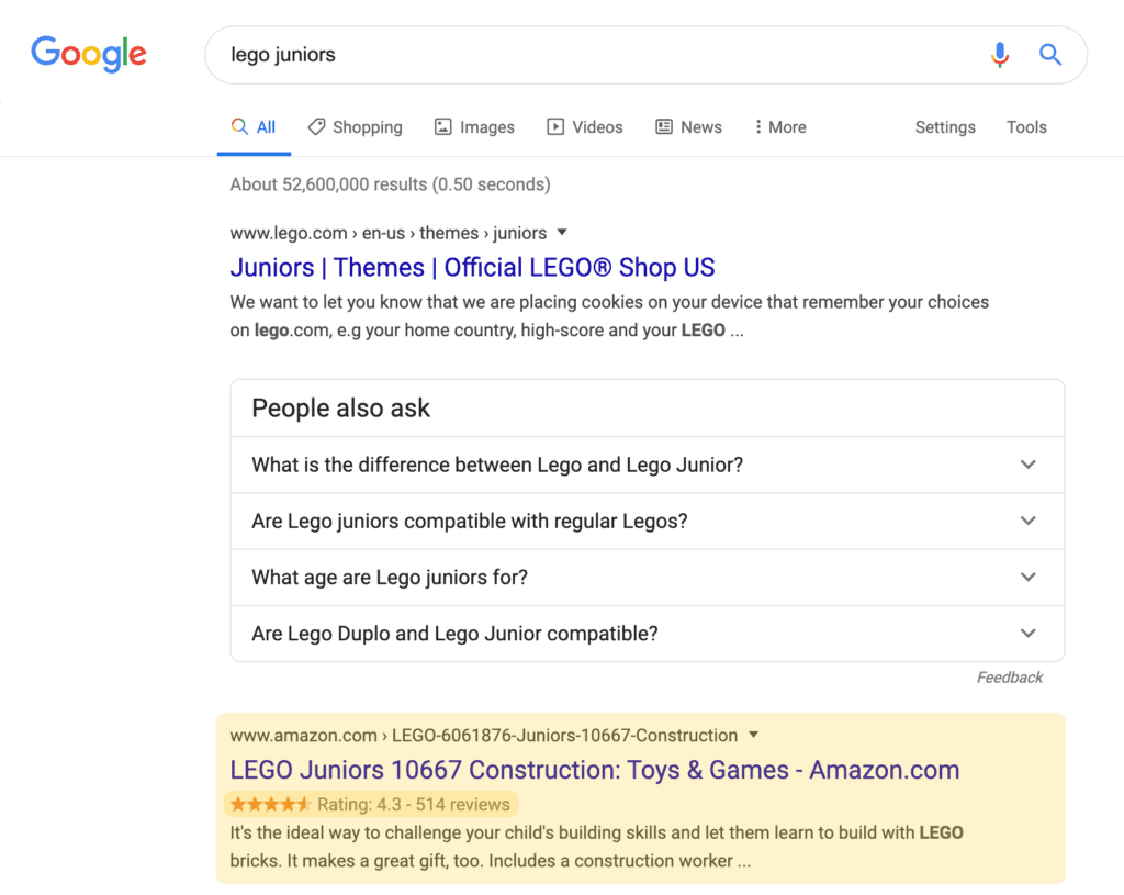 Organic search result with Rating Stars on a desktop device