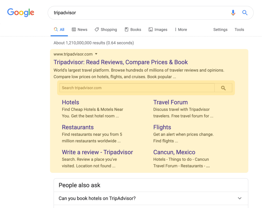 Organic search result with Searchbox on a desktop device