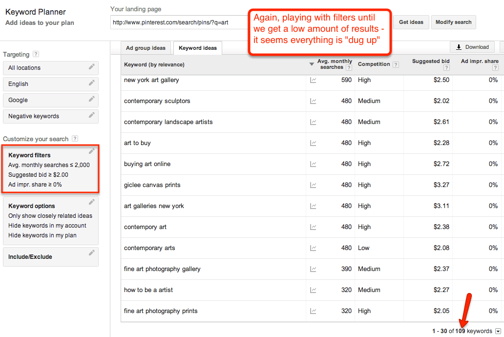 filters in art search kw planner