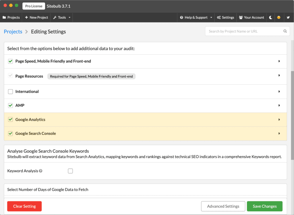 Sitebulb project settings with Google Analytics and Google Search Console selected.