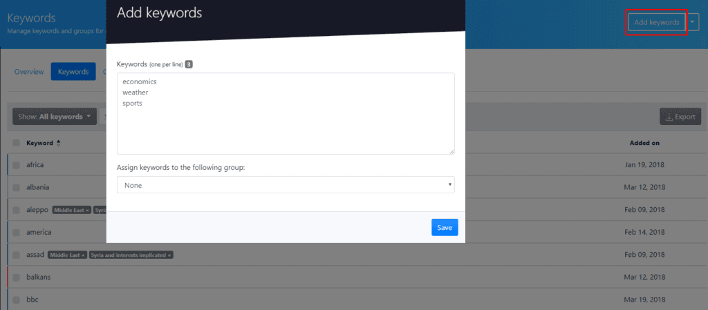Advanced Web Ranking, add keywords wizard