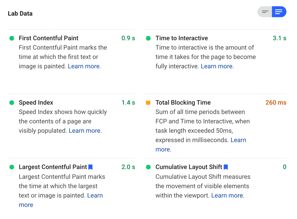 Google Page speed insights lab data