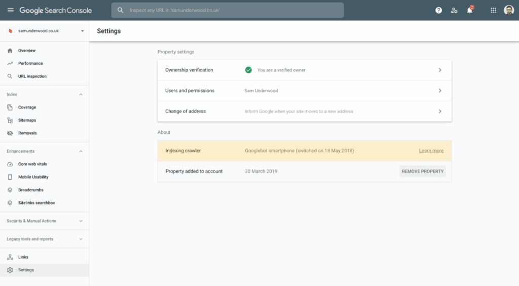 Google Search Console showing the indexing crawler