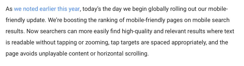 Screenshot of the first mobile-friendly update notification from Google