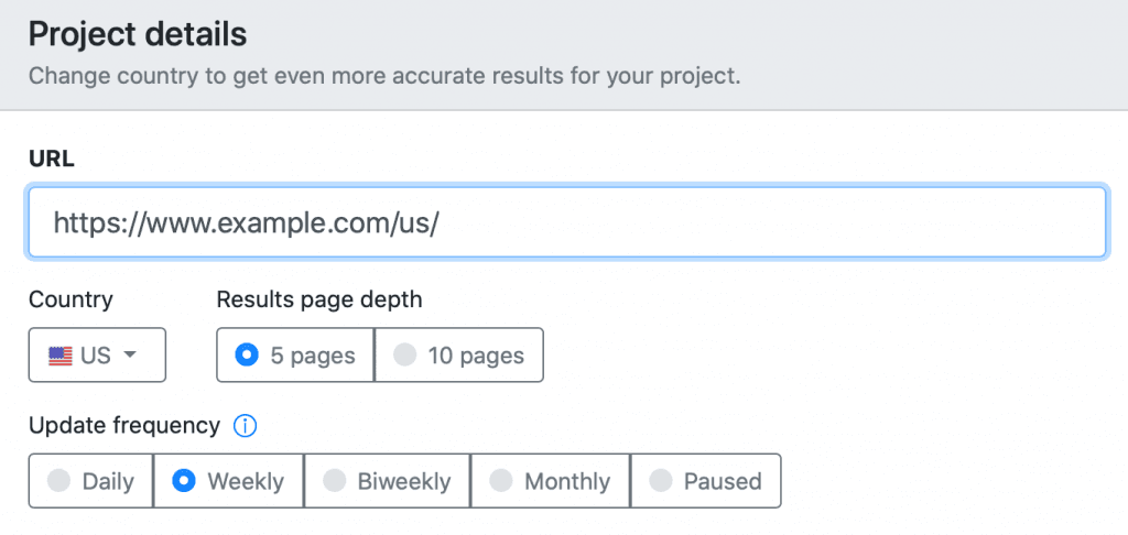 Screenshot with setup options in Advanced Web Ranking for projects tracking international websites.
