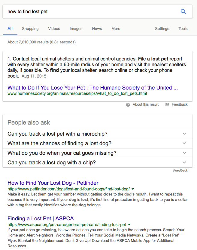 Google search results for the 'how to find lost pet' query.