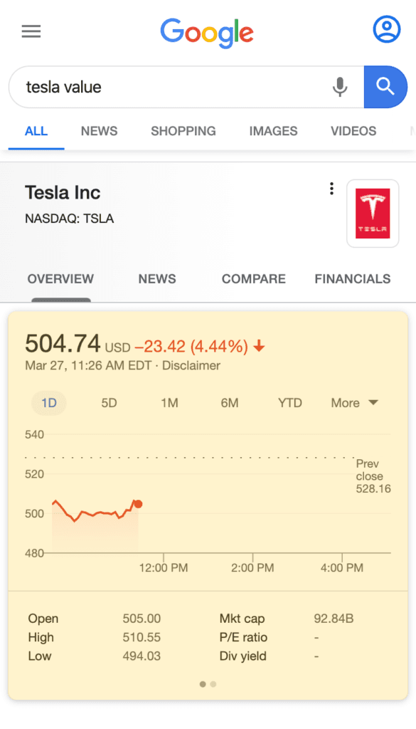 Stock Box search result on a mobile device