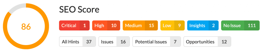 Screenshot with the SEO score provided by SiteBulb.