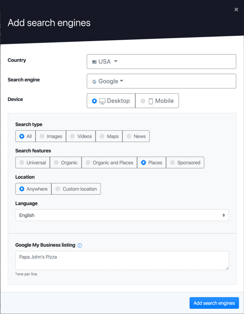 Advanced Web Ranking's Places search engine for monitoring Local pack results from Google