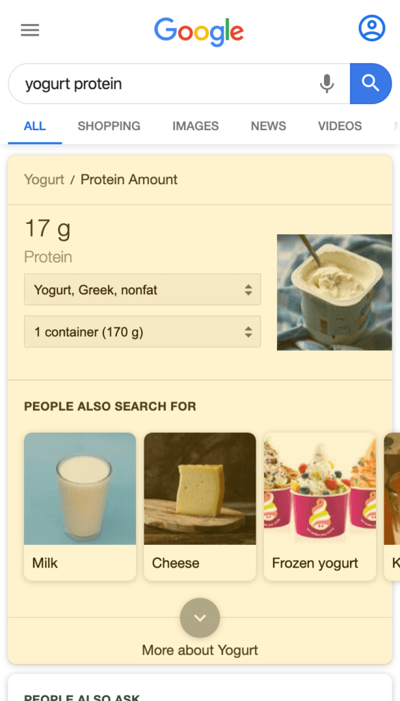 Nutrition Box search result on a desktop device