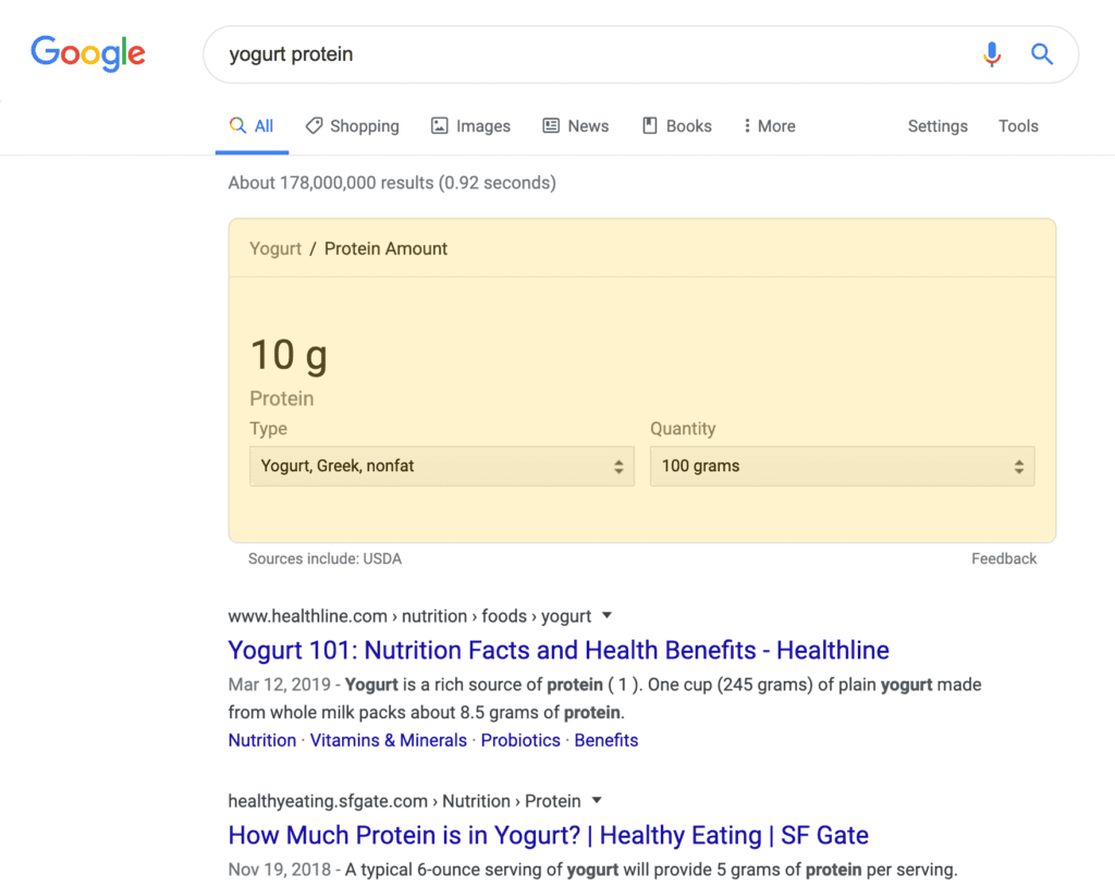 Nutrition Box search result on a desktop device