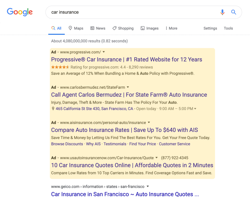 Top text Google Ad search result on a desktop device