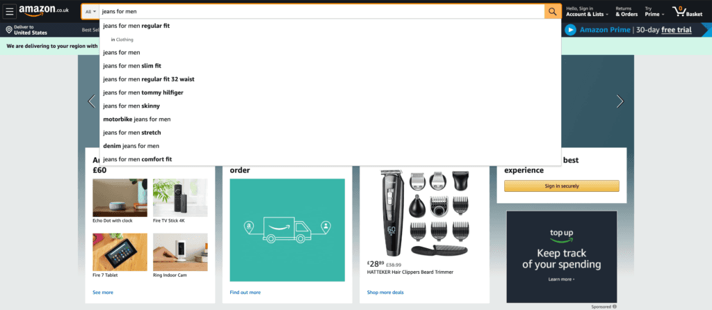 Keyword suggestions on Amazon search.