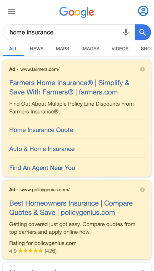 Top text Google Ad search result on a mobile device