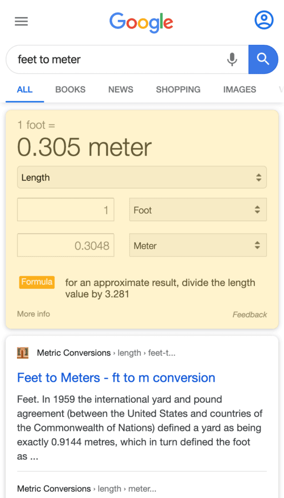 Unit Converter search result on a mobile device